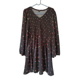 Cicidudu Plus Size Black Cherry Print Mini Dress Smocked V-Neck Size 2XL